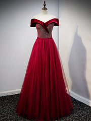 Burgundy Tulle Velvet Off the Shoulder Formal Prom Dress