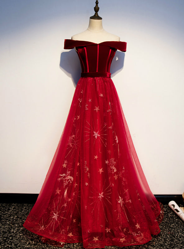 Burgundy Tulle Velvet Off the Shoulder Prom Dress