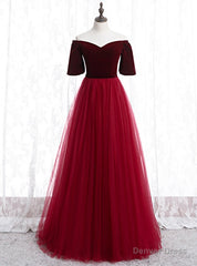 Burgundy Tulle Velvet Off the Shoulder Short Sleeve Prom Dress