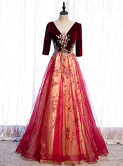 Burgundy Tulle Velvet Sequins V-neck Short Sleeve Prom Dress