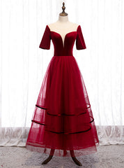 Burgundy Tulle Velvet Short Sleeve Ankle Length Prom Dresses