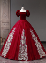 Burgundy Tulle Velvet Short Sleeve Quinceanera Dresses