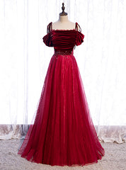 Burgundy Tulle Velvet Spaghetti Straps Beading Prom Dress