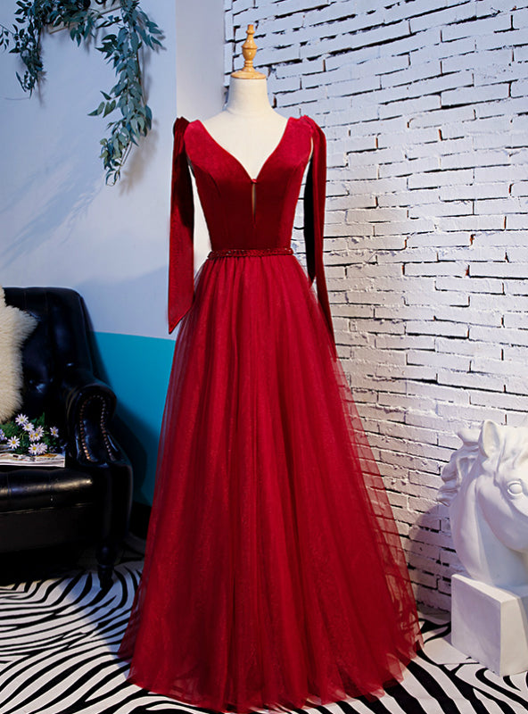 Burgundy Tulle Velvet V-neck Beading Prom Dress With Bow