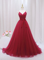 Burgundy Tulle Wave Point Prom Dress