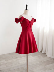 Burgundy  V Neck Satin Short Prom Dresses, Burgundy Homecoming Dresses