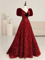 Burgundy V Neck Sequin Long Prom Dresses, Burgundy Evening Dresses