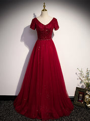 Burgundy V-neck Short Sleeve Beading Prom Dress