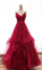 Burgundy v neck tulle long prom dress, burgundy evening dress