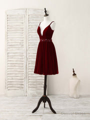 Burgundy V Neck Velvet Short Prom Dress, Burgundy Homecoming Dress