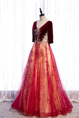 Burgundy V-Neck Velvet Tulle Long Prom Dresses, A-Line 1/2 Sleeve Evening Dresses