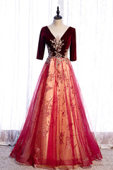 Burgundy V-Neck Velvet Tulle Long Prom Dresses, A-Line 1/2 Sleeve Evening Dresses