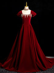 Burgundy Velvet Crystal Prom Dress