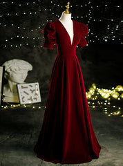 Burgundy Velvet Deep V-neck Puff Sleeve Prom Dresses