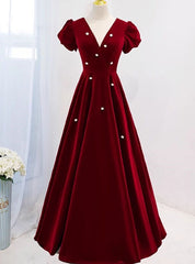 Burgundy Velvet Deep V-neck Short Sleeve Prom Dresses