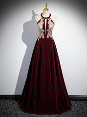 Burgundy Velvet Halter Beading Sequins Prom Dresses