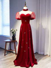 Burgundy Velvet High Neck Puff Sleeve Prom Dresses