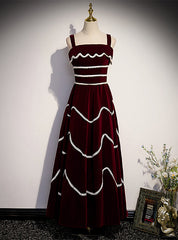 Burgundy Velvet Lace Straps Pearls Prom Dresses