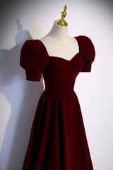 Burgundy Velvet Long A-Line Prom Dresses, Simple Short Sleeve Party Dresses