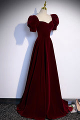 Burgundy Velvet Long A-Line Prom Dresses, Simple Short Sleeve Party Dresses