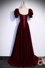 Burgundy Velvet Long A-Line Prom Dresses, Simple Short Sleeve Party Dresses