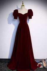 Burgundy Velvet Long A-Line Prom Dresses, Simple Short Sleeve Party Dresses