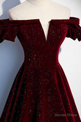 Burgundy Velvet Long Prom Dress, A-Line Off the Shoulder Evening Dress