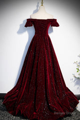 Burgundy Velvet Long Prom Dress, A-Line Off the Shoulder Evening Dress