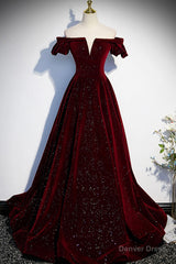 Burgundy Velvet Long Prom Dress, A-Line Off the Shoulder Evening Dress