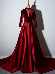 Burgundy Velvet Long Sleeve High Neck See Through Back Prom Dresses