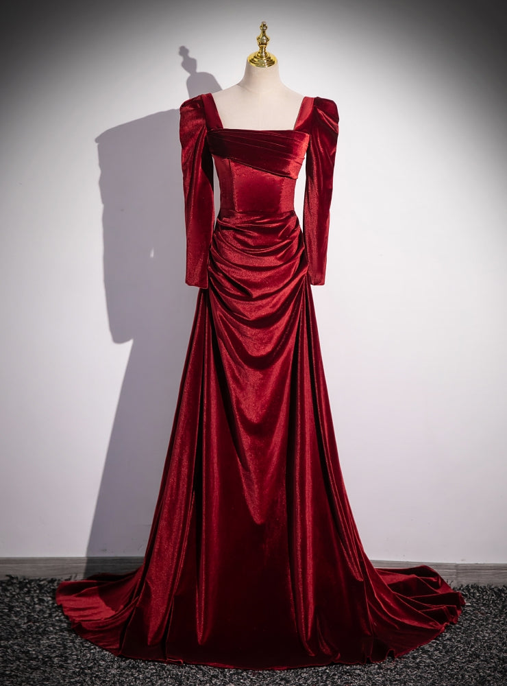 Burgundy Velvet Long Sleeve Pleats Square Prom Dress