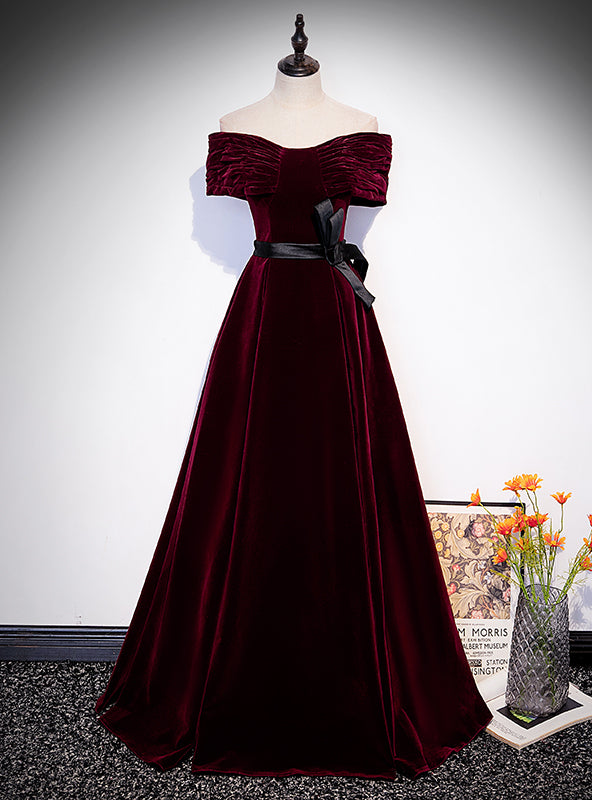 Burgundy Velvet Off the Shoulder Pleats Prom Dress With Belt