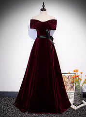 Burgundy Velvet Off the Shoulder Pleats Prom Dresses With Belt