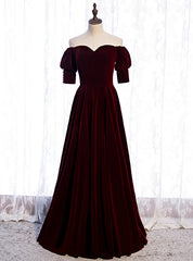 Burgundy Velvet Off the Shoulder Short Sleeve Prom Dress