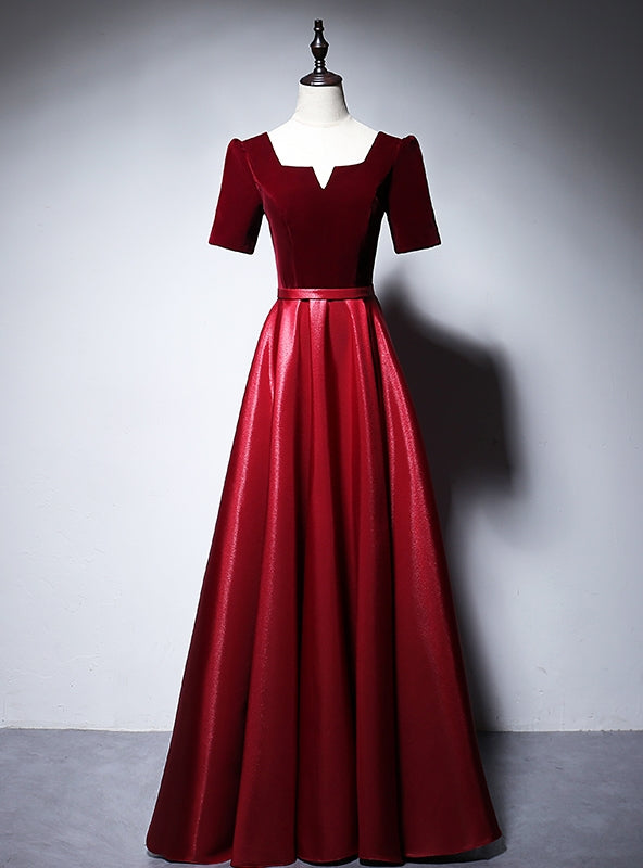 Burgundy Velvet Satin Short Sleeve Prom Dress