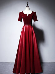 Burgundy Velvet Satin Short Sleeve Prom Dresses