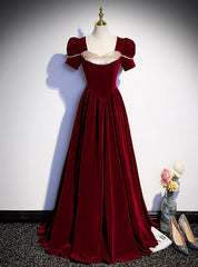 Burgundy Velvet Sequins Square Short Sleeve Prom Dresses