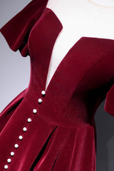 Burgundy Velvet Short Prom Dresses, Cute A-Line Party Dresses