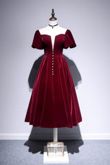 Burgundy Velvet Short Prom Dresses, Cute A-Line Party Dresses