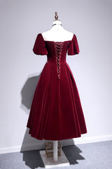 Burgundy Velvet Short Prom Dresses, Cute A-Line Party Dresses