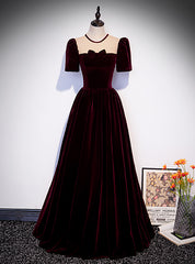 Burgundy Velvet Short Sleeve Bow Prom Dress