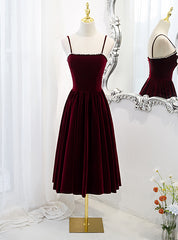 Burgundy Velvet Spaghetti Straps Tea Length Prom Dress