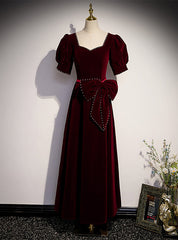 Burgundy Velvet Square Puff Sleeve Pearls Prom Dresses