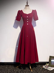 Burgundy Velvet Square Puff Sleeve Prom Dress