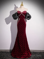 Burgundy Velvet Strapless Beading Prom Dress