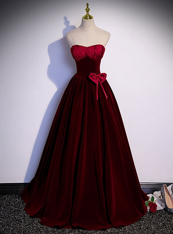 Burgundy Velvet Strapless Prom Dress