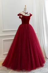 Burgundy Velvet Tulle Floor Length Prom Dresses, Lovely Evening Party Dresses