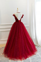 Burgundy Velvet Tulle Floor Length Prom Dresses, Lovely Evening Party Dresses