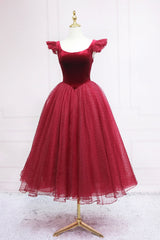 Burgundy Velvet Tulle Tea Length Prom Dresses, Cute A-Line Party Dresses