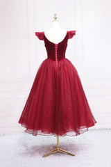 Burgundy Velvet Tulle Tea Length Prom Dresses, Cute A-Line Party Dresses